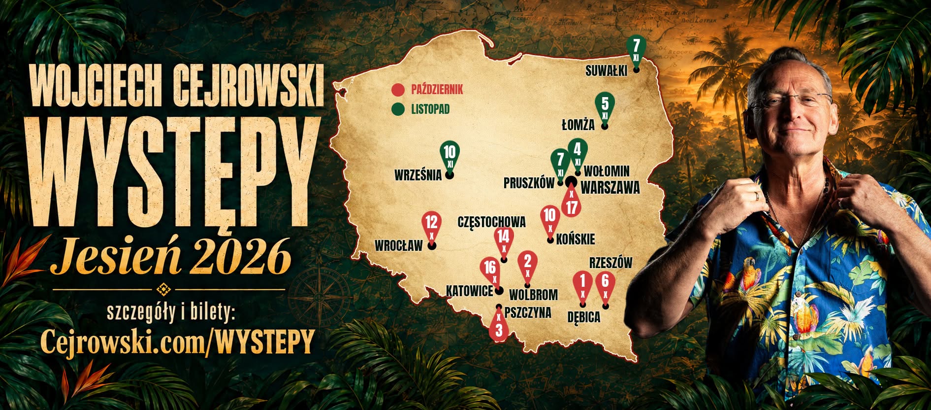 Wojciech Cejrowski — występy, jesień 2026. Mapa miast trasy w październiku i listopadzie.